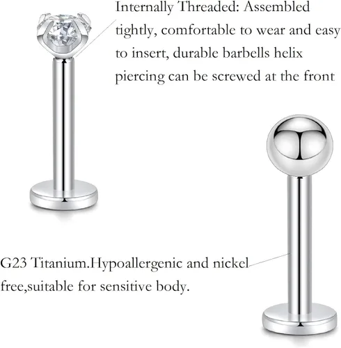 Vista 5 de PEAKLINK Titanium Crystal Labret Studs16G Labret Jewelry Labret Internally Threaded Earring Helix StudsTragus Cartilage Conch Ear Piercing Body