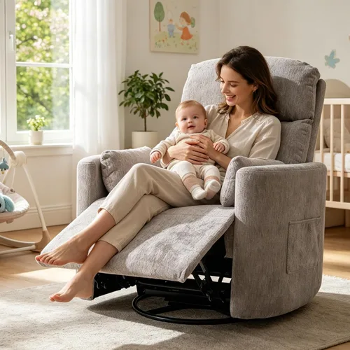 Vista 9 de Silla reclinable giratoria de gran tamaño con calor y masaje, mecedora con reposacabezas ajustable, silla reclinable manual mecedora con 2 Chenille