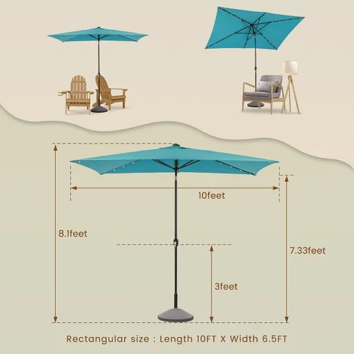 Vista 7 de MONDAWE Paraguas rectangular de mercado con luces LED solares de 10 x 6.5 pies para exteriores, sombrilla de patio con manivela, sombrilla de mesa