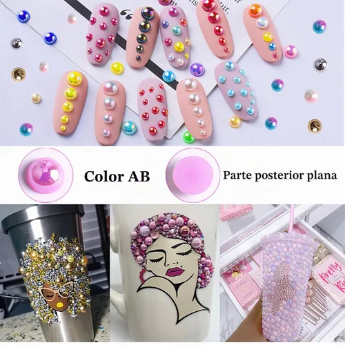 Vista 3 de RODAKY 2000 perlas medias para manualidades, perlas semicirculares con parte trasera plana para uñas, 6 tamaños, cuentas de perlas beige, diamantes