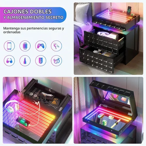 Vista 4 de Vlsrka Mesita de noche con luces RGB, soporte de noche inteligente con Negro