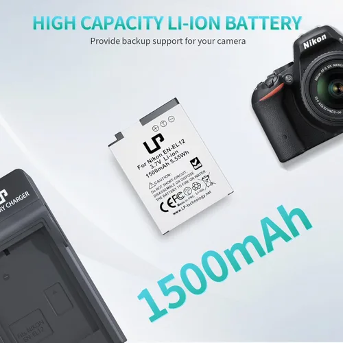 Vista 6 de LP Batería EN-EL12, paquete de 2 baterías de 1500 mAh compatibles con Nikon Coolpix A1000, B600, Coolpix AW130, A900, W300, S1200pj, S9900, S9500