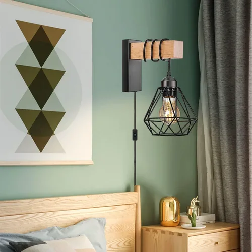 Vista 5 de Juego de 2 apliques de pared enchufables, luces de pared de granja con cable de enchufe, lámpara de pared rústica negra para dormitorio, mesita