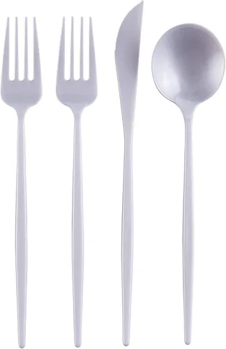 Vista 3 de Juego de cubiertos desechables de diseño moderno para vacaciones, juego de cubiertos de plástico para 24-24 cucharas de plástico, 24 cuchillos, 48
