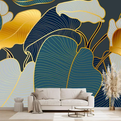 Vista 13 de Mural de hojas negras y doradas para dormitorio, papel tapiz botánico tropical, decoración de plantas, sala de estar, fondo de televisión, mural