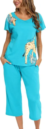 Vista 2 de ENJOYNIGHT Conjunto de pijama de algodón para mujer, parte superior de manga corta y pantalones capri, ropa de dormir de 2 piezas