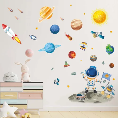Vista 2 de Calcomanías de Pared de Astronauta del Espacio Exterior - Calcomanías de Pared de Cohete de Planetas para Niños - Decoración de Pared