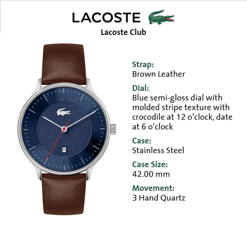 Vista 4 de Lacoste Reloj de cuarzo de acero inoxidable para hombre con correa de cuero, marrón, 20 (Modelo 2011137), Marrón, Reloj de cuarzo