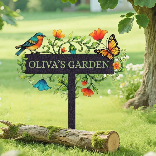Vista 2 de Letreros de jardín personalizados con estacas, arte de metal personalizable con estaca de patio, decoración colorida de jardín de colibrí