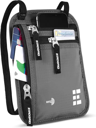 Vista 28 de Cartera para el cuello para viajes y pasaporte con bloqueo RFID, delgada y fácil de ocultar, bolsa de viaje de nailon para hombres y mujeres