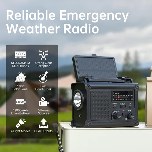 Vista 2 de Mesqool Radio meteorológica de emergencia NOAA Alerta con batería de Negro