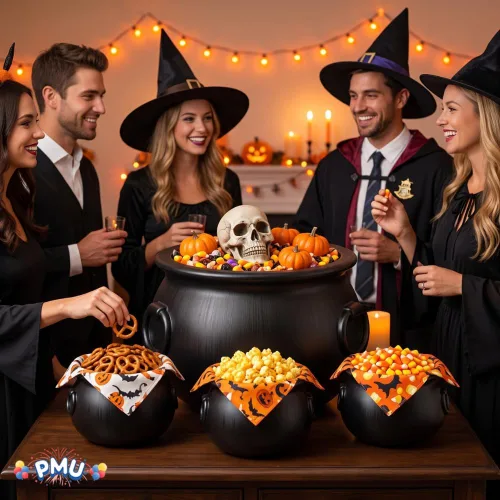 Vista 2 de PMU Caldero grande de Halloween 4p-16, (3) 8 pulgadas grande bruja plástico caldero tazón negro, para decoración de Halloween