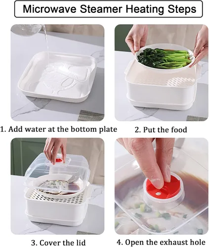 Vista 6 de Vaporera de microondas con tapa y bandeja, vaporera de verduras para tazón de microondas, utensilios de cocina aptos para microondas (2 niveles)