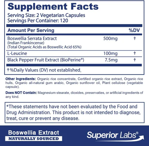 Vista 2 de Extracto de Boswellia no sintético. De Superior Labs. Por 0.018 oz y 240 cápsulas vegetales.