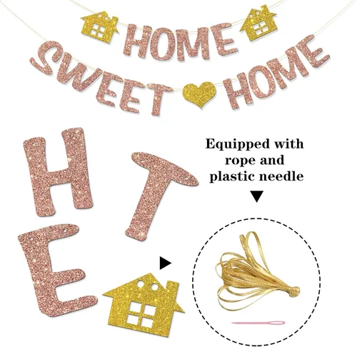 Vista 7 de Home Sweet Home Banner – Suministros para fiestas de bienvenida a casa – Decoración de fiesta de inauguración de la casa – Purpurina de oro rosa