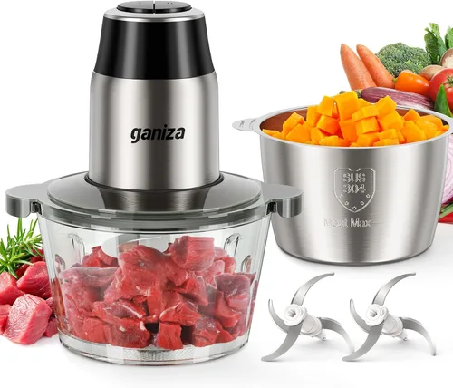 Vista 2 de GANIZA Procesadores de alimentos, picadora eléctrica con picadora de carne y picadora de verduras, 2 cuencos (8 tazas+8 tazas) con potente motor