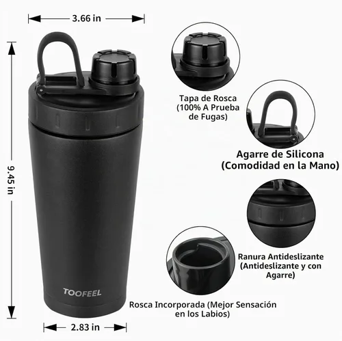 Vista 4 de TOOFEEL Botella agitadora de acero inoxidable - Botella agitadora aislada de doble pared de 20 onzas, mantiene frío/calor, para mezclas de proteínas
