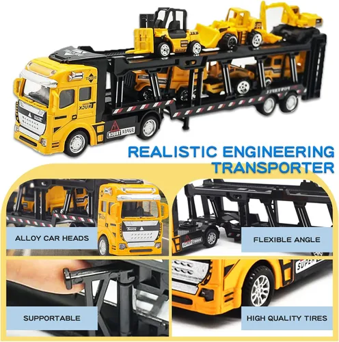 Vista 3 de OTONOPI Camión de transporte de automóviles, construcción de autos fundidos a presión, juego de vehículos de juego, camión portador con minicúa