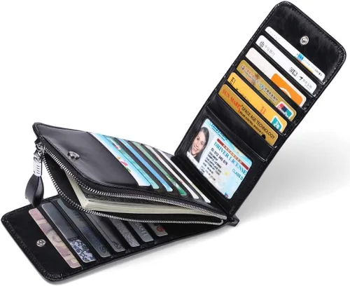 Vista 3 de Huztencor cartera de cuero con bolsillo para tarjeta de crédito bloqueo RFID, billetera, funda para tarjetas para mujer