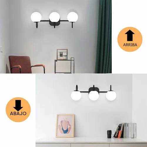 Vista 3 de Moderna lámpara negra para tocador de baño, accesorios de iluminación de 3 luces, marco y pantalla de globo de vidrio blanco leche, aplique de pared