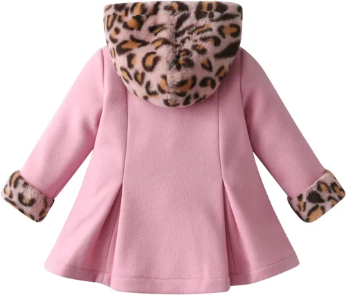 Vista 2 de Eghunooy Chaqueta de forro polar para bebé niña, manga larga, con botones, leopardo, con capucha, mezcla de lana, ropa de abrigo