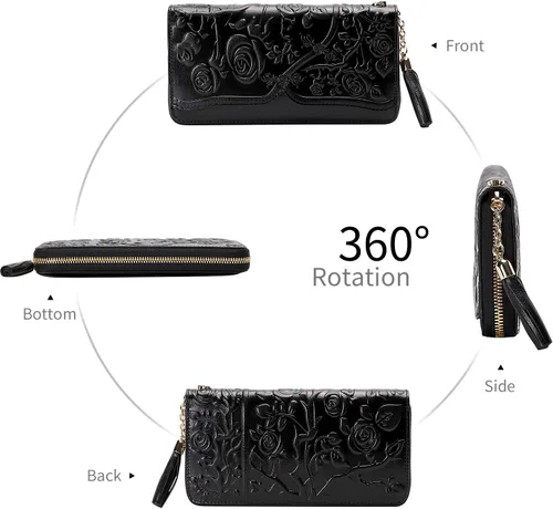 Vista 4 de PIJUSHI Carteras de cuero genuino para mujer, diseño floral, cartera de mano con borla