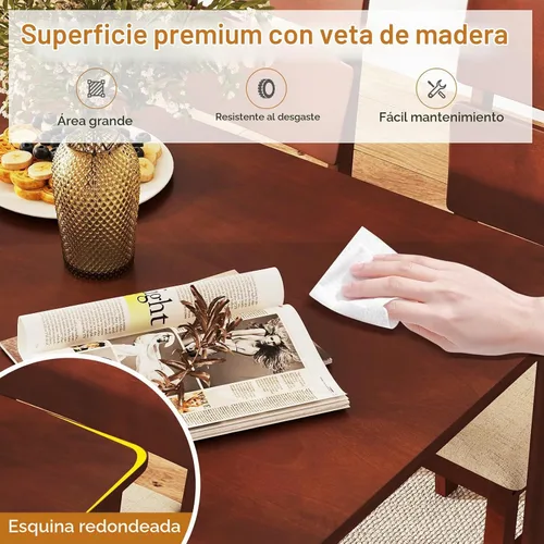 Vista 3 de Giantex Juego de mesa de comedor de 5 piezas para 4, mesa de comedor rectangular de granja con 4 sillas tapizadas, respaldo alto curvo, patas
