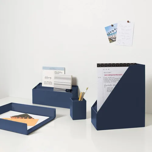 Vista 7 de U Brands Juego de organización de escritorio envuelto en papel, suministros de organización de oficina, azul marino sólido, 4 piezas