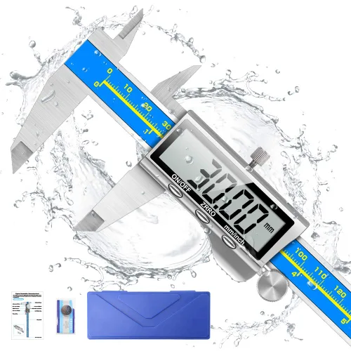 Vista 9 de Herramienta de medición de calibre, Qfun calibre digital de vernier de acero inoxidable de 6 pulgadas/150 mm, micrómetro digital impermeable, fácil