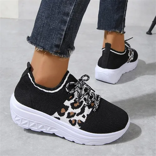 Vista 7 de Zapatos deportivos para caminar para mujer, con plataforma de espuma viscoelástica, de moda, con estampado de leopardo, de malla, transpirables
