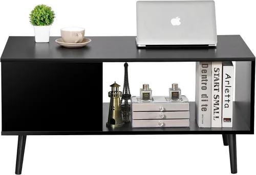 Vista 9 de ZenStyle Mesa de centro moderna de mediados de siglo, mesa de centro retro de madera con estante de almacenamiento abierto para sala de estar Negro