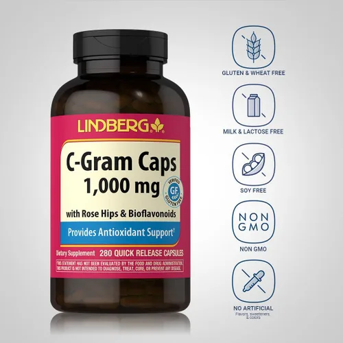Vista 3 de Lindberg Vitamina C 1000mg con bioflavonoides y escaramujos 280 cápsulas Suplemento sin OMG, sin gluten