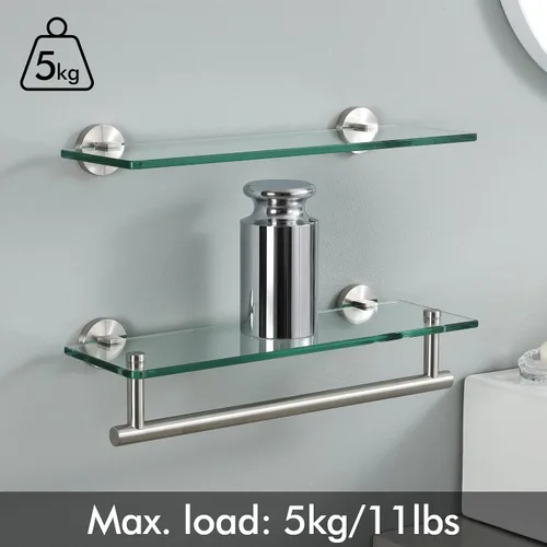 Vista 5 de KES Estantes de vidrio para baño, estante de baño flotante de vidrio de 16 pulgadas con barra, paquete de 2 unidades de montaje en pared SUS 304