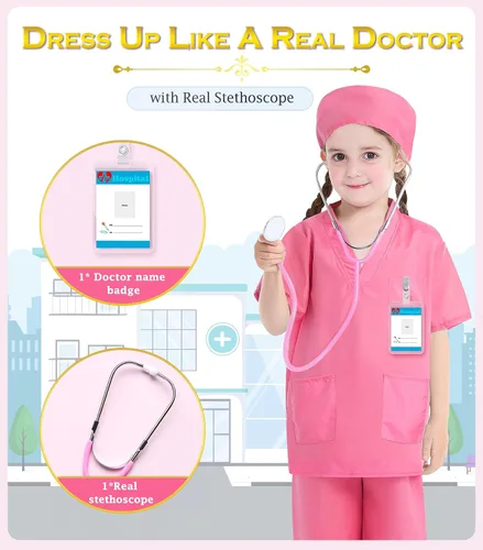 Vista 5 de Disfraz de médico para niños, batas para niñas y niños, ropa de juego de simulación y vestuario para niños, disfraces de Halloween para niñas, kit