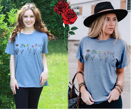 Vista 3 de Camisas de flores silvestres para mujer, camisetas casuales con estampado de flores de verano, lindas camisetas para amantes de las plantas de jardín