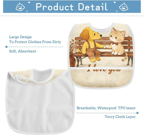 Vista 3 de Adjustable Feeding Bibs with Snap 2 Pack Burping TeethingI Love You Dog Cat Retro Brown baberos para nino paquete
