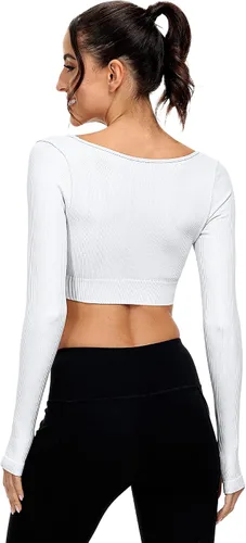 Vista 3 de Paquete de 3 camisetas cortas acanaladas sin costuras de manga larga con cuello cuadrado para mujer, entrenamiento, gimnasio, yoga