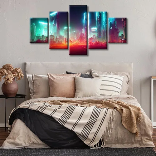 Vista 358 de Cuadros de 5 paneles de Cyberpunk City, arte de pared, representación de vallas publicitarias, edificios modernos en la capital con obras de arte