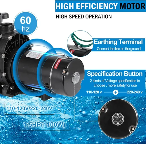 Vista 4 de TOPDEEP Bomba de piscina de 1.5 HP para enterrar, bomba de piscina autorecortable sobre el suelo, bombas de piscina de una sola velocidad de doble