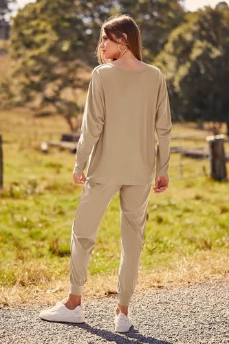 Vista 2 de PRETTYGARDEN - Conjunto de moda de 2 piezas para mujer, color liso, sudadera sin botones y de manga larga, pantalón largo