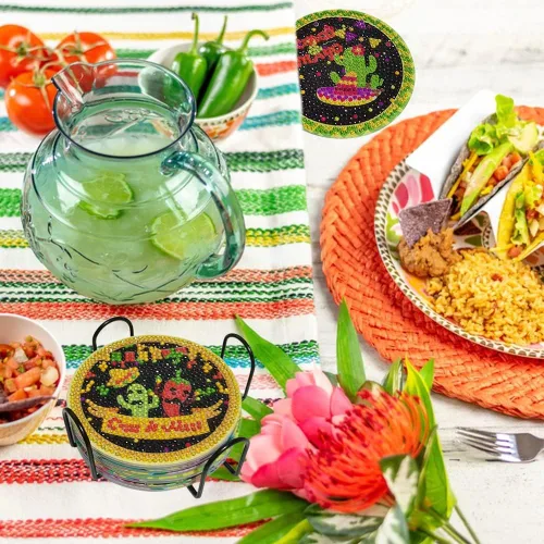 Vista 7 de Juego de 8 posavasos de pintura de diamantes con temática mexicana, posavasos de diamante para fiesta del Cinco de Mayo con soporte para adultos