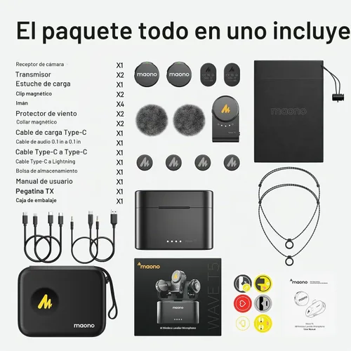 Vista 8 de MAONO T5 Micrófono Lavalier Inalámbrico para Cámara (2 TX+1 RX+Estuche Charing) Magnetic Lapel Mini Mic with 48khz/24bit Audio, AI Noise
