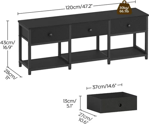 Vista 7 de YATINEY Soporte de TV con 3 cajones de tela para TV de hasta 50 pulgadas, consola multimedia industrial de 47.2 pulgadas, centro de entretenimiento