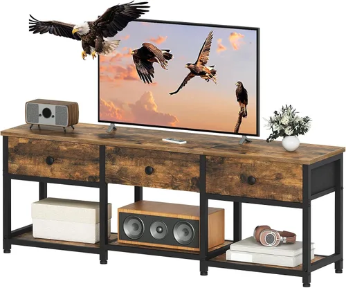 Vista 9 de YATINEY Soporte de TV con 3 cajones de tela para TV de hasta 50 pulgadas, consola multimedia industrial de 47.2 pulgadas, centro de entretenimiento