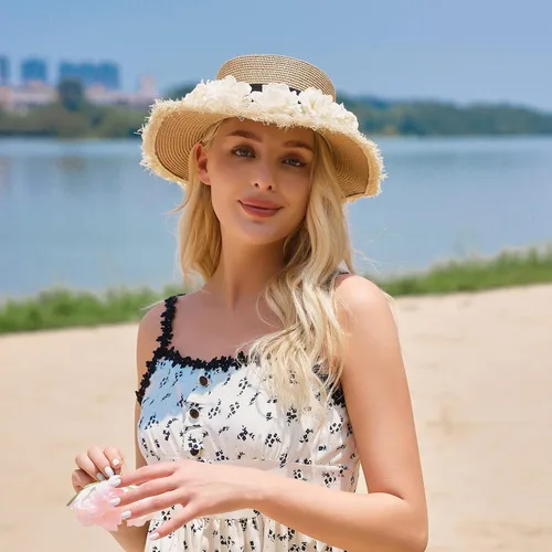 Vista 4 de Sombrero de paja para mujer con protección solar UPF 50+, sombrero de flores UV de viaje de verano
