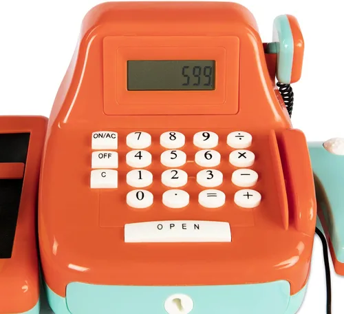 Vista 8 de Battat Kids - Caja registradora con escáner y sonidos, juego de 26 piezas Pretend play shopping set with calculator, light-up scanner, play money