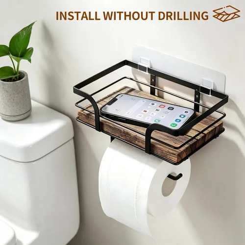 Vista 3 de Soporte de papel higiénico rústico de granja con estante – Decoración rústica de baño de granja – Accesorios de baño rústicos con estante de madera