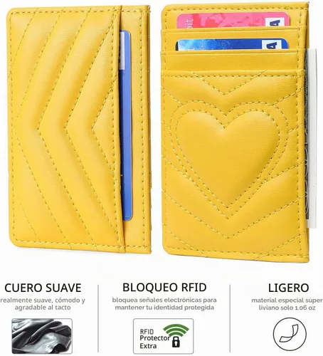 Vista 3 de Tarjetero de cuero acolchado para mujer cartera pequeña (amarillo)