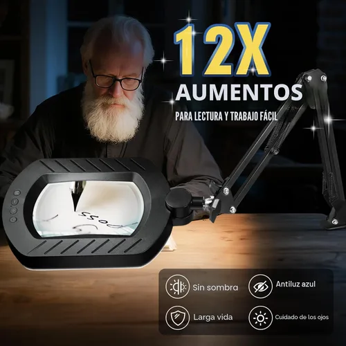 Vista 3 de Lupa 12X con luz y soporte, lámpara de aumento iluminada con 144 LED