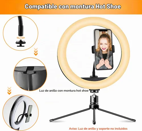 Vista 4 de Soporte universal para teléfono con anillo de luz con adaptador de 1/4 y zapata caliente, soporte de teléfono flexible para anillo de luz y trípode